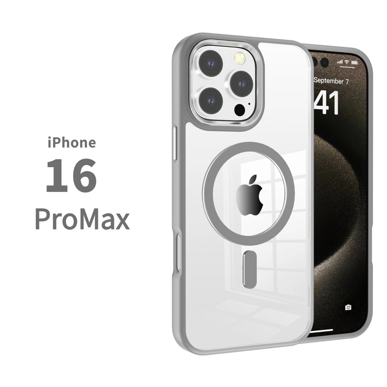 Image of an iPhone with a clear phone case labeled "MagSafe Compatible iPhone 16 Pro Max Case." The screen displays the date as September 7 and the time as 8:41, highlighting the sleek fit of the slim protective cover with a clear back and TPU bumper.