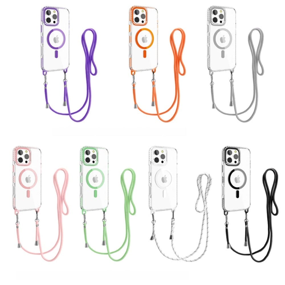 Six MagSafe Compatible iPhone 16 Pro Max Cases with Lanyards in a variety of colors (purple, orange, gray, pink, green, and black) displayed in three rows. Each Crossbody TPU cover features a clear back with a circular design around the Apple logo and supports magnetic adsorption.