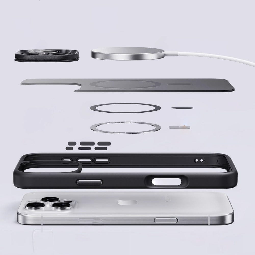 Exploded view of the Durable MagSafe iPhone 16 Pro Max Case assembly, detailing various components including the iPhone 16 Pro Max itself, the shockproof TPU+PC protective case with air cushion technology, inner lining, and a circular MagSafe charging pad with an attached cable.