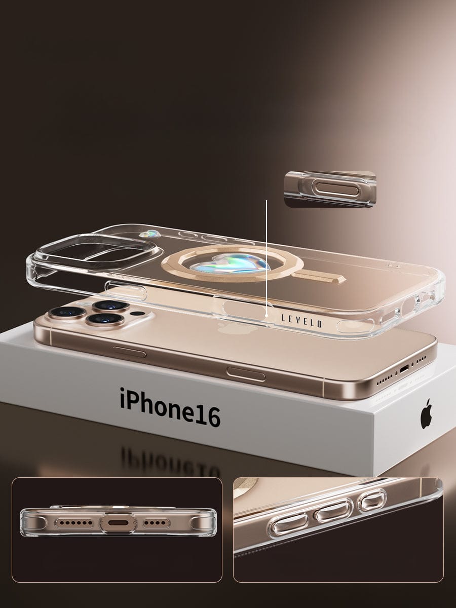 A transparent phone case with a circular pattern hovers above a gold device marked as the "iPhone 16 Pro Max." Inserts illustrate the precise cutouts for ports and buttons, emphasizing its MagSafe compatibility thanks to its 38 N52 magnets.