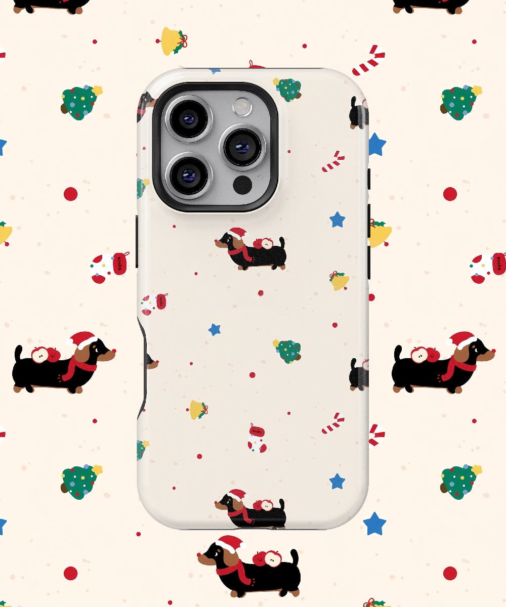 Christmas Dachshund iPhone 16 Pro Max Case – Festive Dog Design, Cute Holiday Pattern, MagSafe Compatible: This sturdy dual-layer protection case features a delightful Christmas dachshund design with dogs wearing Santa hats and scarves. The background is adorned with stars, candy canes, and holiday icons on a LightYellow base, providing both style and MagSafe compatibility for your convenience.