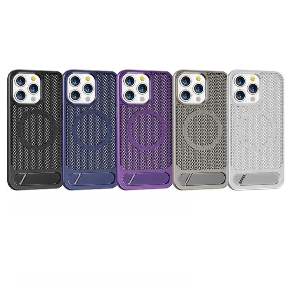 Five iPhone 16 Pro Max cases, each featuring a kickstand, honeycomb heat dissipation design, MagSafe compatibility, and constructed with a TPU+PC hybrid material and metal buttons, are arranged side by side in various colors (black, blue, purple, grey, and silver).