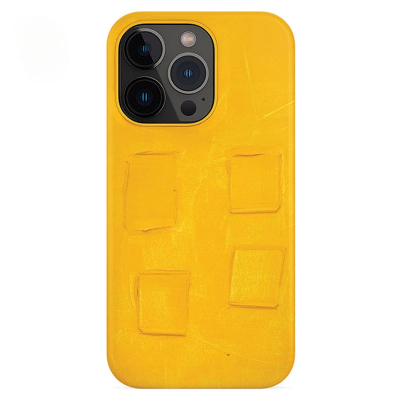 A smartphone with a Bold Yellow Textured iPhone 16 Pro Max Case designed to resemble modern art with square-shaped holes. The phone's camera module is visible at the top left corner.