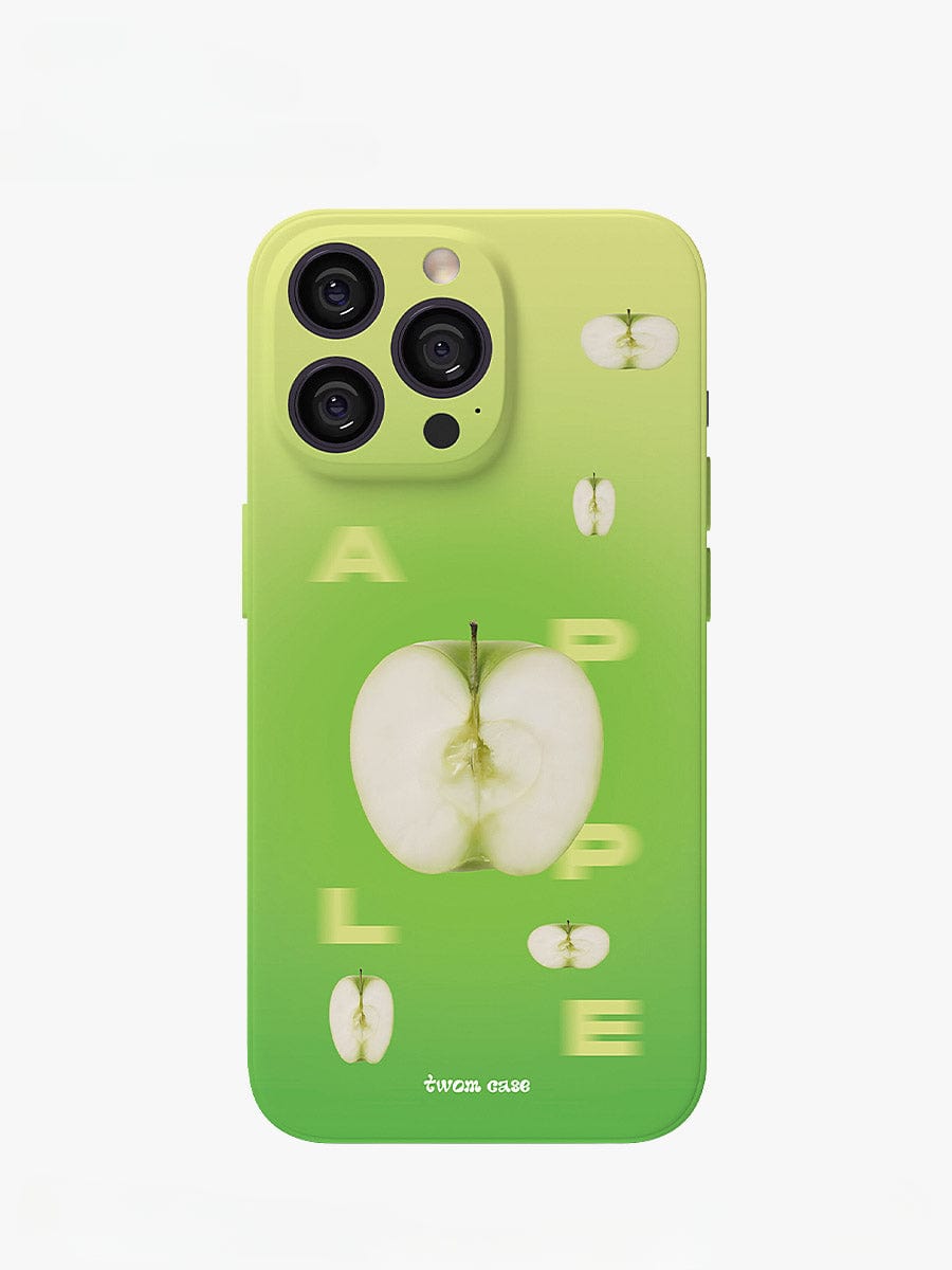 The Green Apple Fresh iPhone 16 Pro Max Case features a vibrant gradient design transitioning from lime to apple green, adorned with images of halved apples and the word "APPLE" spelled out in light yellow letters across the back. This playful all-inclusive protective cover also accommodates a smartphone with three camera lenses.