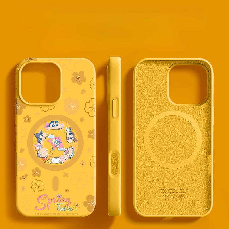 This yellow "iPhone 16 Pro Max - Spring Time Cartoon Silicone Protective Cover" features a delightful spring-themed design with floral patterns and cartoon characters, along with the text "Spring Time." The case is displayed in three angles—back, side, and inside—and provides triple-layer shockproof protection, along with an anti-yellowing coating.