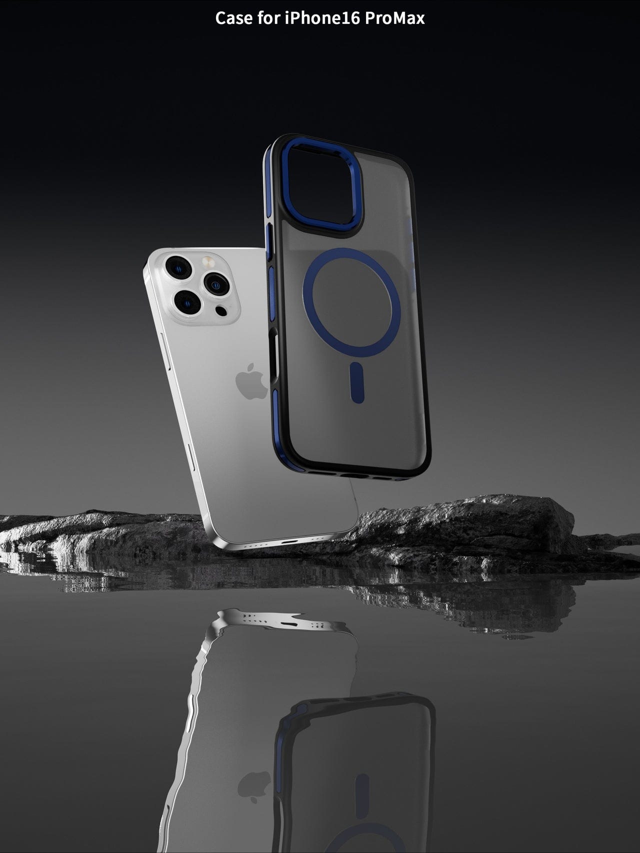 A floating silver iPhone next to a transparent black-framed Soft-Touch iPhone 16 Pro Max Case with MagSafe, featuring a blue ring on a reflective surface, with text "Soft-Touch iPhone 16 Pro Max Case with MagSafe" above.