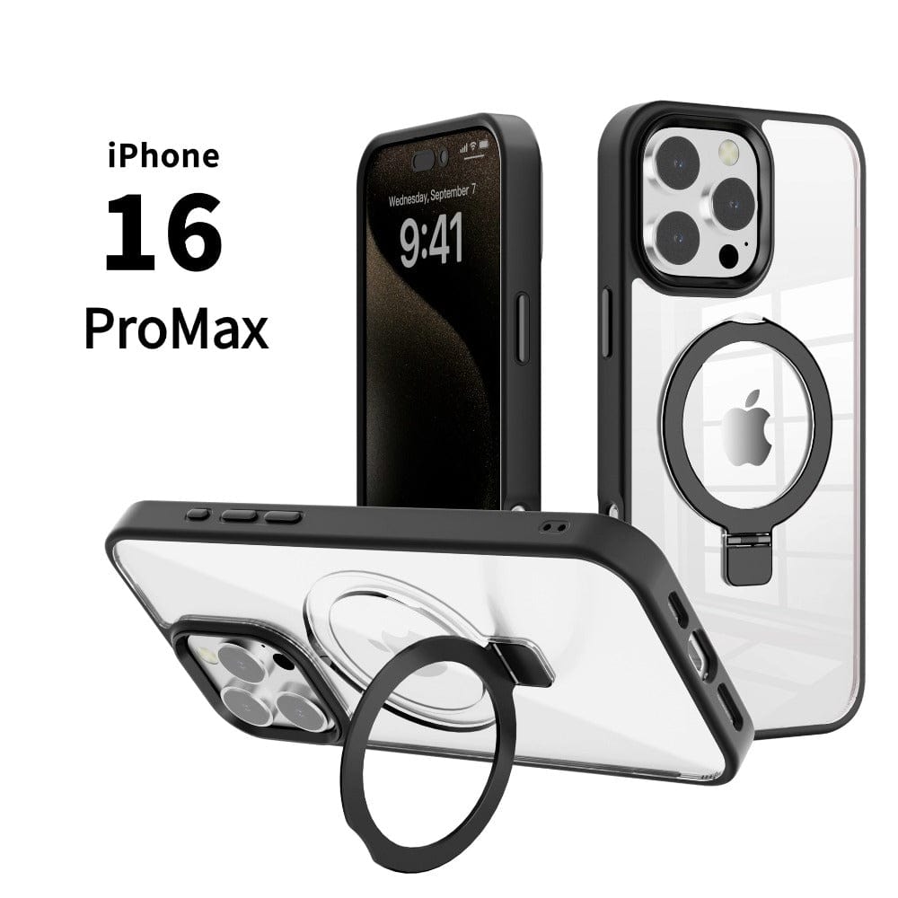 Three iPhones are displayed, one showcasing the screen and two showing the back with circular ring stands, captioned "iPhone 16 Pro Max Case with Ring Holder | MagSafe Compatible | TPU Bumper | Clear Back Cover.