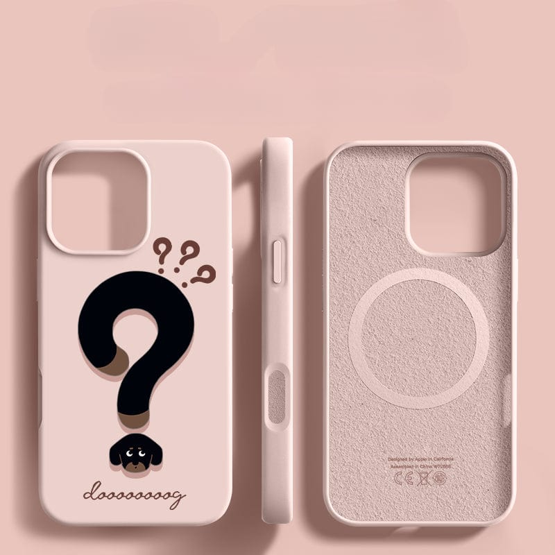 Three purple iPhone 16 Pro Max Cute Silicone Cases with a whimsical question mark design featuring a dog's face at the bottom are displayed side by side. Crafted from food-grade liquid silicone, these cases offer durable shockproof and non-slip protection.