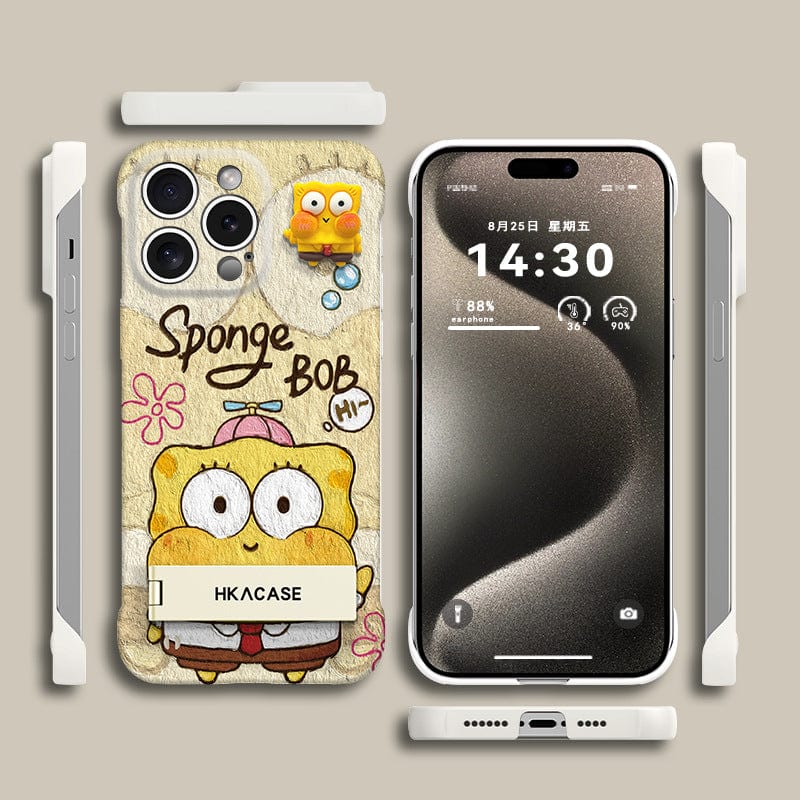 iPhone 16 Pro Max showcasing a SpongeBob-themed case on the left, with the screen displaying the time and date on the right, partially ensconced in an ultra-thin frameless case featuring a foldable stand in pink and yellow cartoon design.