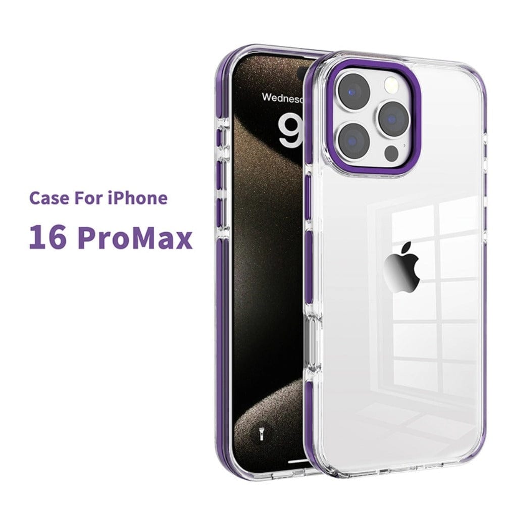 The iPhone 16 Pro Max Clear Case with TPU Bumper offers dual-layer protection featuring a transparent PC back cover and reinforced corners, enhanced with a stylish purple trim around the camera cutout.