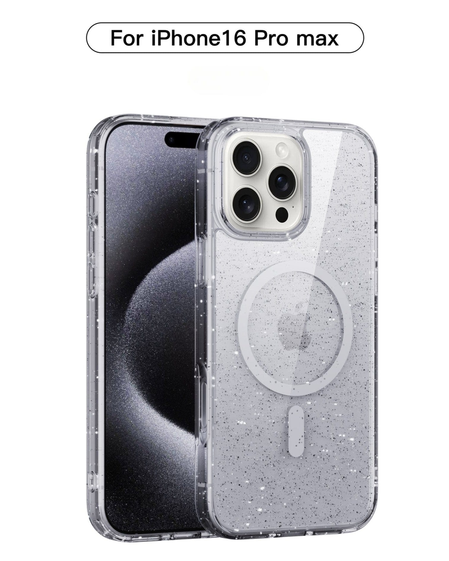 The Slim Clear MagSafe iPhone 16 Pro Max Case made from TPU material and featuring air cushion corners, anti-fingerprint, and anti-stain properties is shown on an iPhone 16 Pro Max with a clear, glittery finish and a circular design on the back.