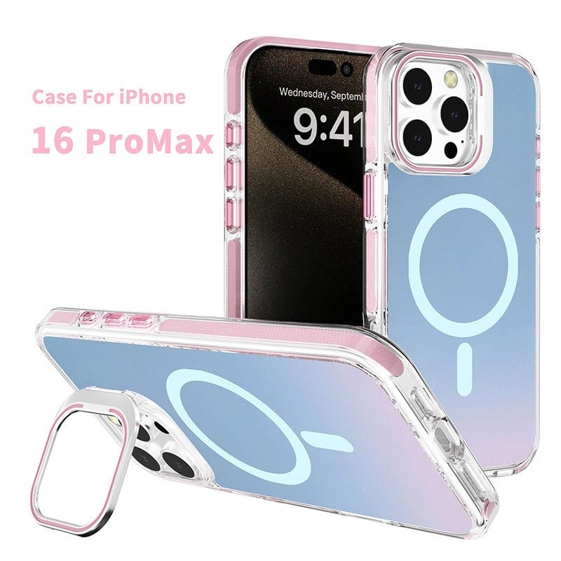 Introducing the iPhone 16 Pro Max Case with Iridescent Finish, offering a clear back and colorful TPU bumper, seamless MagSafe compatibility, and a built-in ring stand.