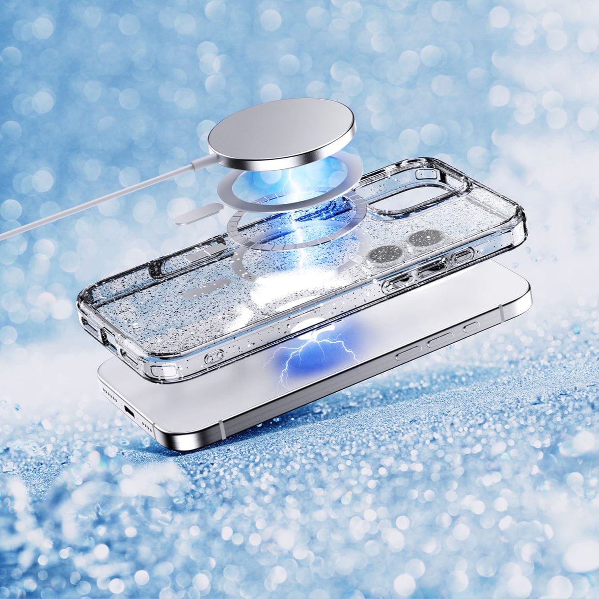 A smartphone with a Slim Clear MagSafe iPhone 16 Pro Max Case, featuring TPU material, air cushion corners, and anti-fingerprint & anti-stain properties, is wirelessly charging on a magnetic charger. Blue lighting effects surround it, and it is placed on a glittery blue surface.