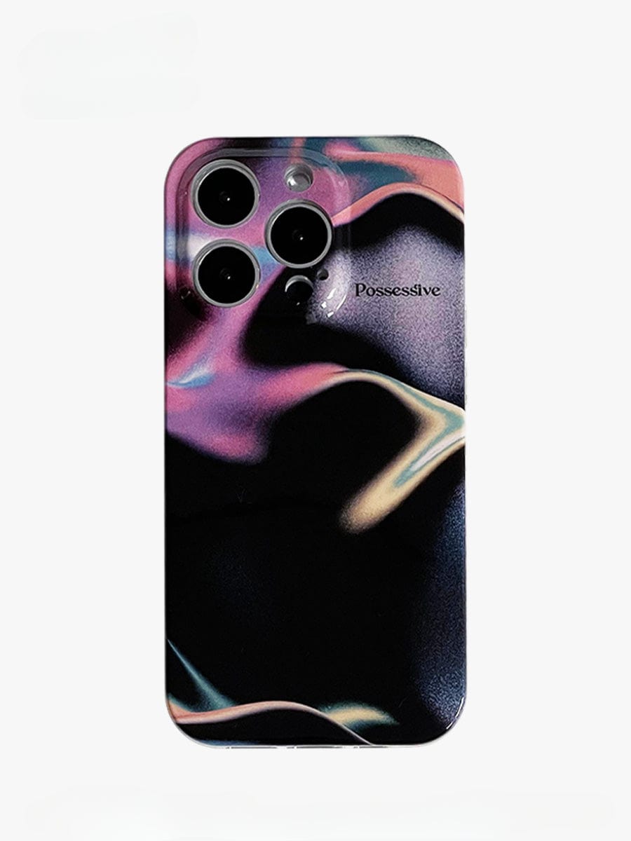 A smartphone encased in the Possessive Aura iPhone 16 Pro Max Case, showcasing an abstract fluid design with a colorful, wavy pattern. The case features shades of pink, purple, and green on a dark background, with the word "Possessive" written in small text on the upper right side.