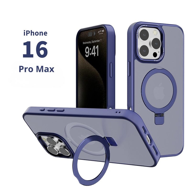 Promotional image of three iPhone 16 Pro Max devices, each encased in a sleek blue MagSafe iPhone 16 Pro Max Case with Ring Stand. The image showcases front, back, and side views with the time 9:41 displayed on the screens. The cases feature a soft-touch finish, TPU+PC material, metal camera frame, and an anti-slip design.