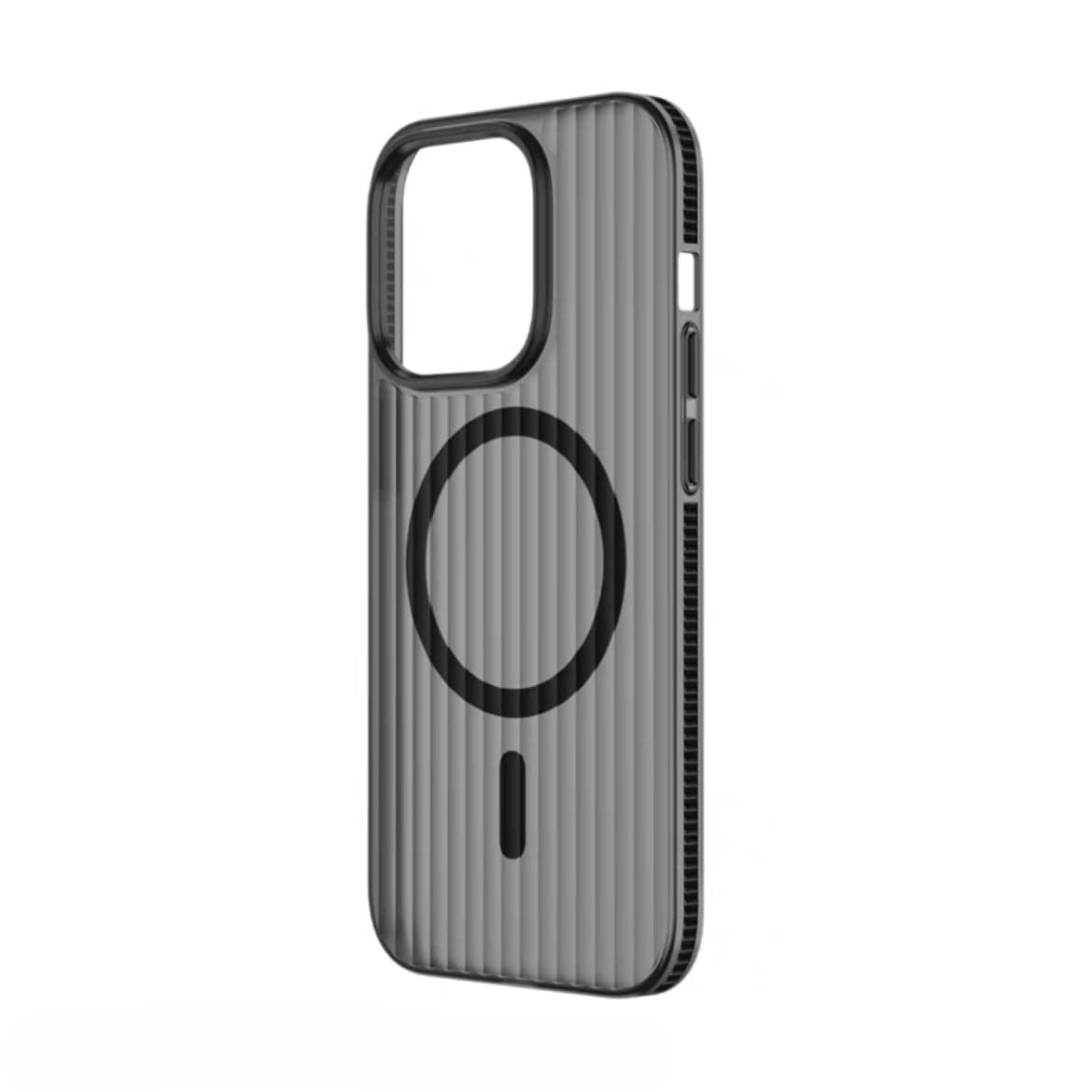 A gray iPhone 16 Pro Max Case with a corrugated matte texture and MagSafe compatibility is shown standing upright. The case features a shockproof slim design with precise cutouts for buttons and the camera.