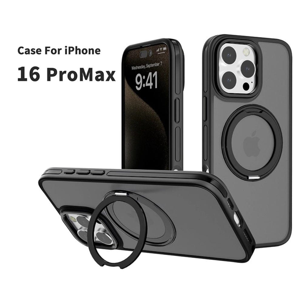 The Matte Finish iPhone 16 Pro Max Case with Rotating Ring Holder, shown from various angles, boasts a sleek and stylish black silicone design that perfectly combines style and protection. This MagSafe compatible case is also shockproof for added security.