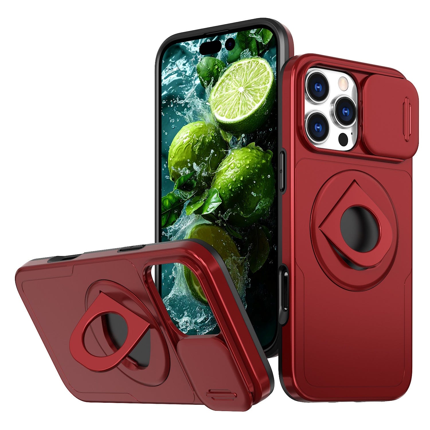 Two smartphones, protected by iPhone 16 Pro Max cases with sliding windows in red, feature an anti-fingerprint and anti-slip shockproof TPU+PC design. Each case includes a magnetic ring stand and a camera cover. The screens display an image of a lime submerged in water with ice.