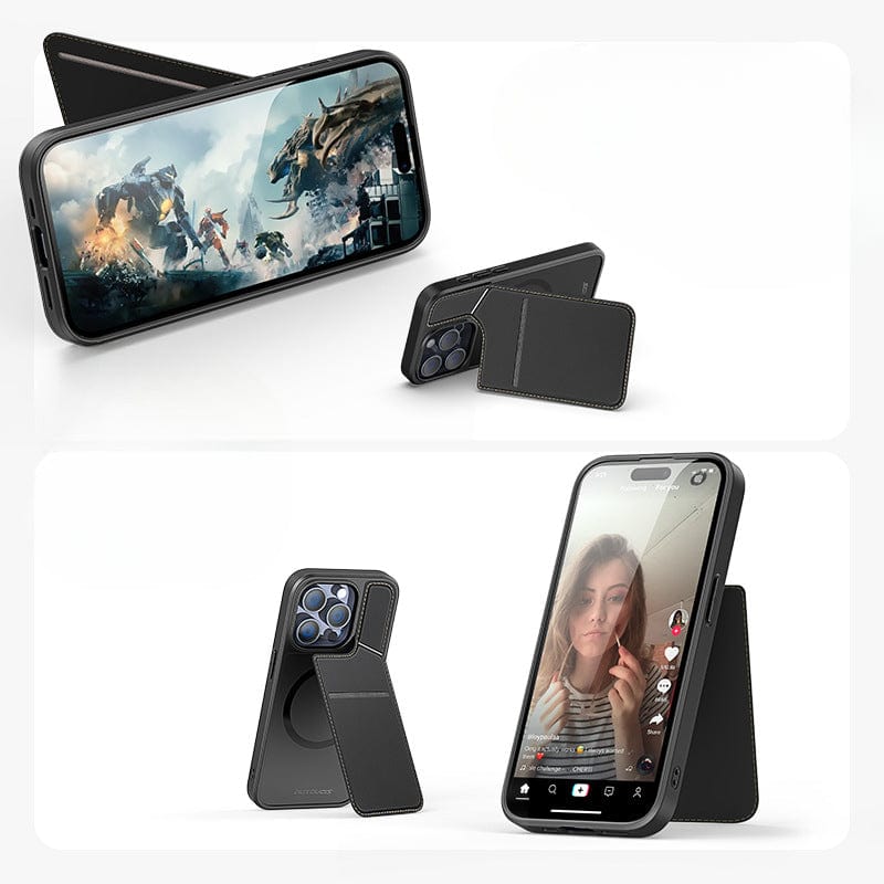 Two smartphone stands are shown in use. The top image displays an iPhone 16 Pro Max with a video game on the screen in landscape mode. The bottom image shows an iPhone 16 Pro Max housed in a Full-Coverage Leather Business Case with MagSafe, Rotating Stand, and Card Holder, propped up with a video call in progress in portrait mode.