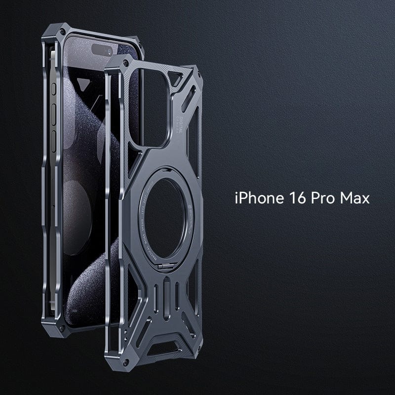 The iPhone 16 Pro Max, enclosed in a grey Aerospace Aluminum MagSafe Case featuring a 360° ring kickstand and shockproof metal cover, is displayed against a dark background.