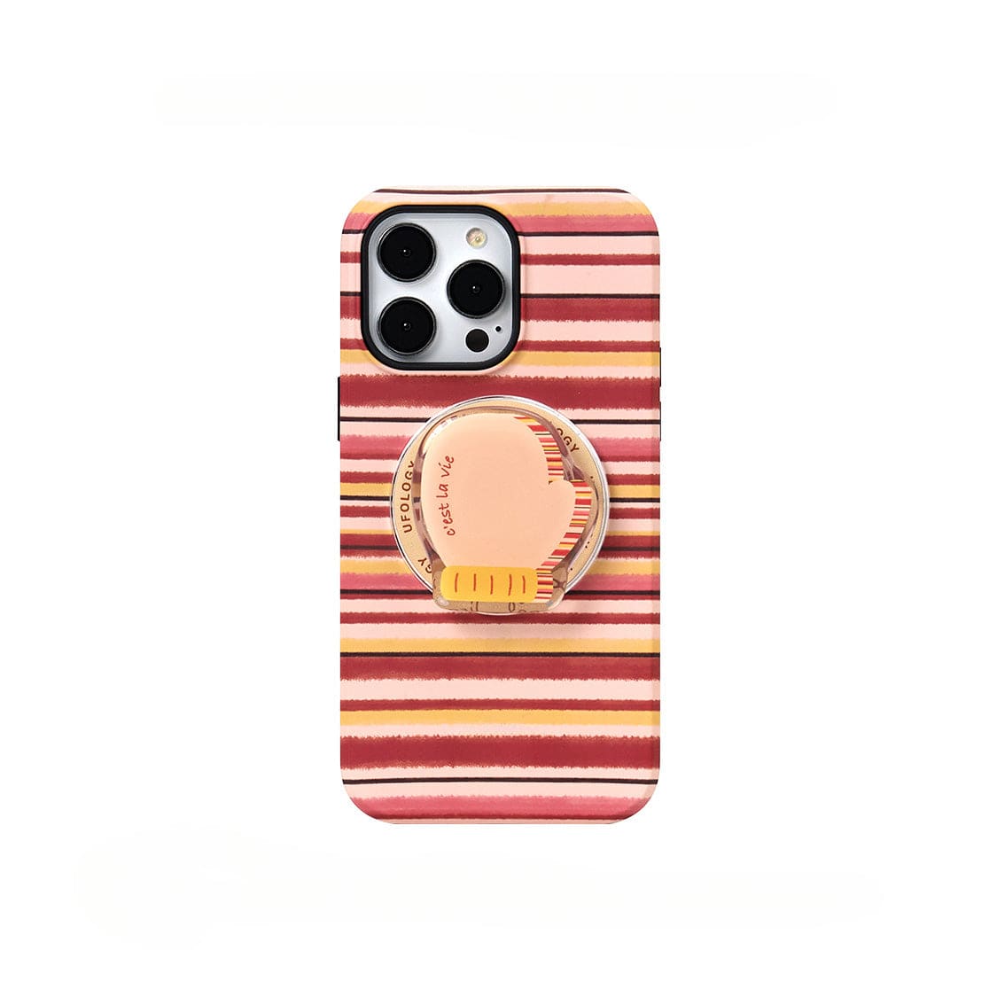 A smartphone with an Autumn Stripes MagSafe iPhone 16 Pro Max Case, showcasing horizontal pink, red, orange, and beige lines. The Cozy Mug Design features a circular grip displaying an abstract peach-colored pattern in the center. The phone's triple-camera setup is visible against a crisp white background.