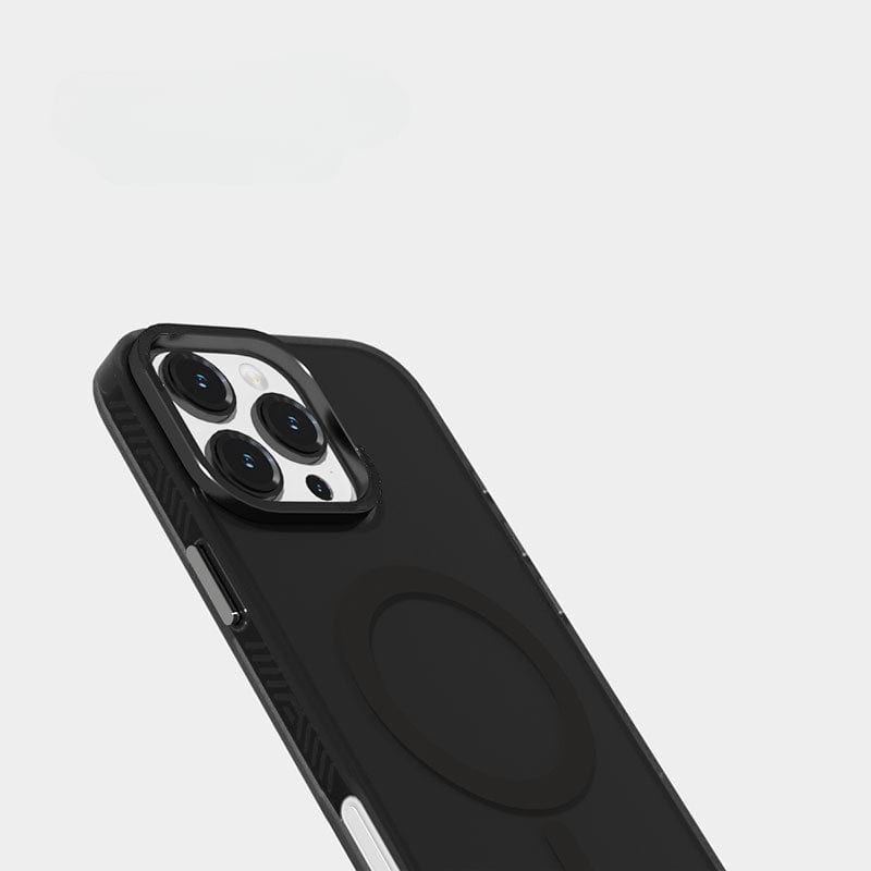 Clear smartphone case with a matte finish on a white background, highlighting the iPhone 16 Pro Max's triple camera system and MagSafe compatibility.