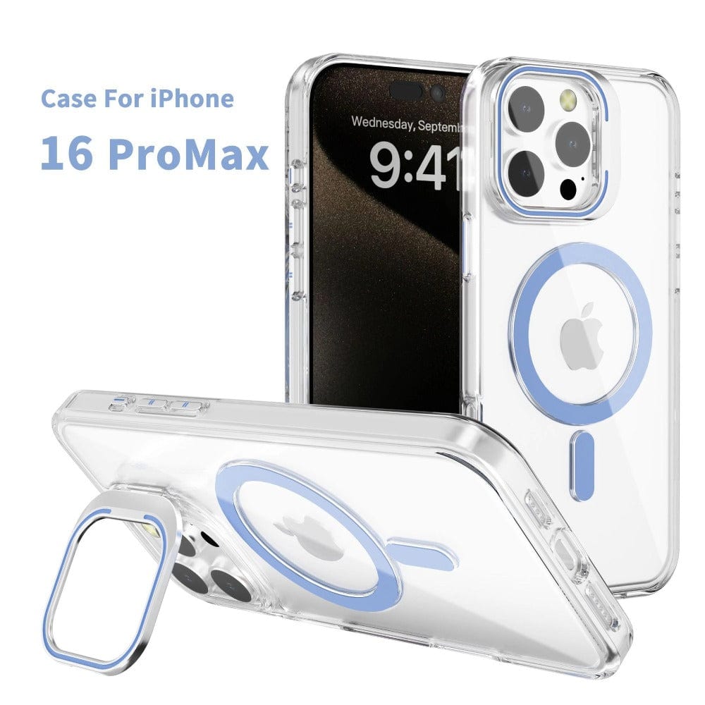 This stylish iPhone 16 Pro Max Clear Case with Kickstand showcases a transparent protective cover with purple accents. It features a built-in ring holder and MagSafe compatibility, displayed both on and off the phone. The screen shows "Wednesday, September 9" and "9:41," merging functionality with sleek design.