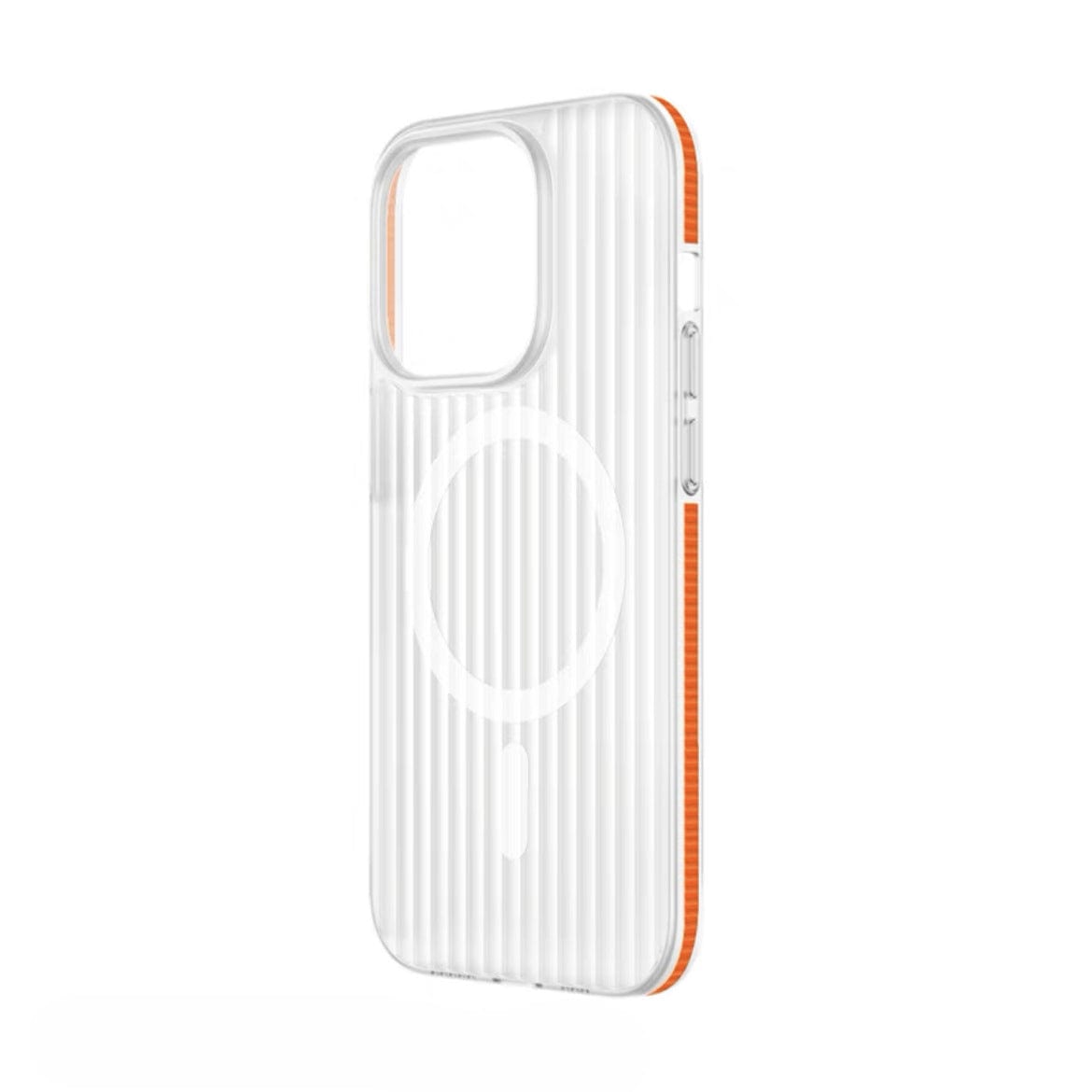 A shockproof, slim iPhone 16 Pro Max case featuring a corrugated matte texture with orange edges, designed for a camera lens cutout and compatible with MagSafe accessories.