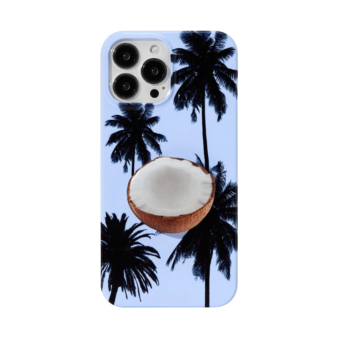 Introducing the Tropical Escape MagSafe iPhone 16 Pro Max Case, an all-inclusive protective cover featuring a tropical design with black silhouettes of palm trees against a light blue background. In the center, there's a graphic of a halved coconut with the white flesh exposed.