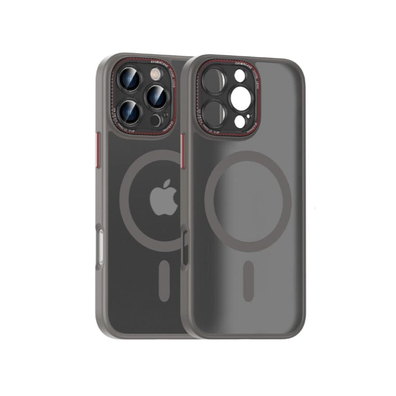 Two transparent iPhone 16 Pro Max cases designed for models with multiple camera lenses, featuring a circular design on the back, are available as MagSafe Compatible iPhone 16 Pro Max Cases with a matte finish. They are made from TPU+PC material and include a metal camera ring and buttons, offering shockproof and anti-fingerprint protection.