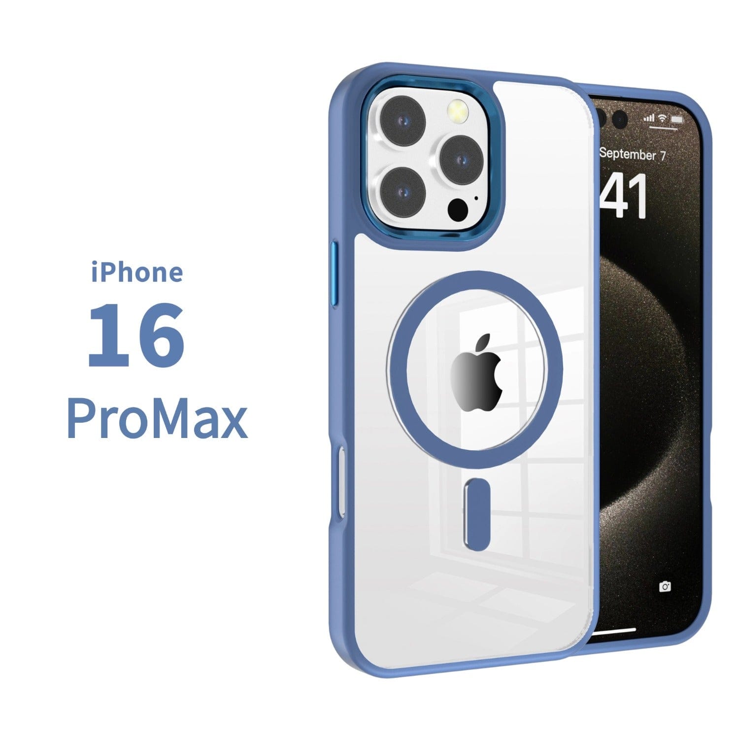 A promotional image of an iPhone 16 ProMax with a sleek Clear Back TPU Bumper phone case. The screen displays "September 7" and "10:41". The text "iPhone 16 ProMax" is elegantly written to the left of the phone, highlighting the new MagSafe Compatible iPhone 16 Pro Max Case | Clear Back with TPU Bumper | Slim Protective Cover.