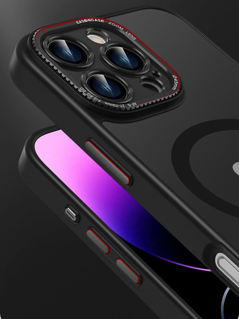 Close-up of the MagSafe Compatible iPhone 16 Pro Max Case in a protective black matte finish with red accents, highlighting the metal camera ring and side buttons. The screen displays a gradient purple background.