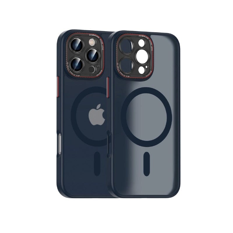 Two MagSafe-compatible iPhone 16 Pro Max cases with a matte finish, made of TPU+PC material, featuring circular designs on the back, one displaying the Apple logo, and including metal camera rings and buttons, are displayed side by side.