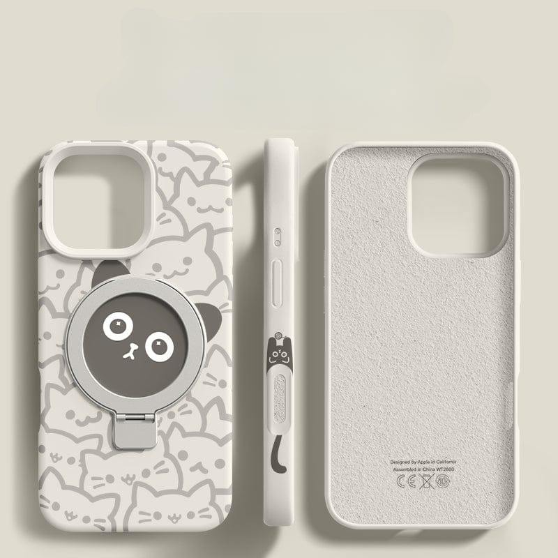 Three iPhone 16 Pro Max liquid silicone cases with a cute cat design. Left: front view featuring a built-in foldable kickstand. Middle: side view highlighting the button design. Right: back view of the plain case. All cases are white, soft-touch, shockproof, and MagSafe compatible for added convenience.