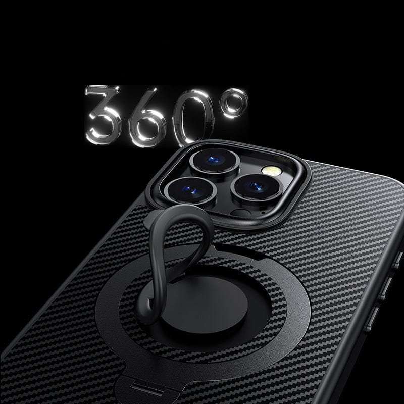 Close-up shot of an iPhone 16 Pro Max encased in a shockproof, military-grade protective case with a carbon fiber finish, featuring three rear cameras and a 360° rotating kickstand for added convenience.