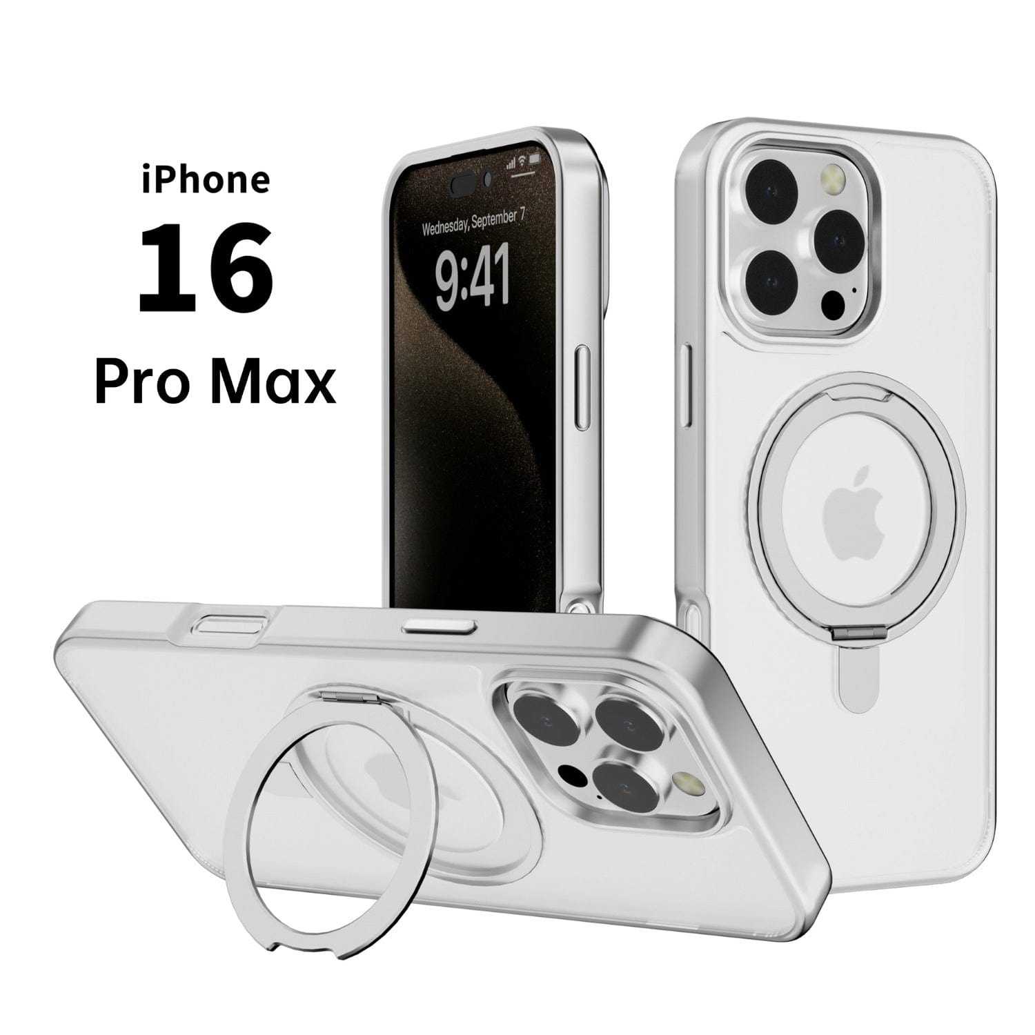 Image showcasing the front, back, and side view of the iPhone 16 Pro Max Case with Ring Holder, featuring a clear back and metal frame design along with an integrated ring stand, accompanied by text labels.