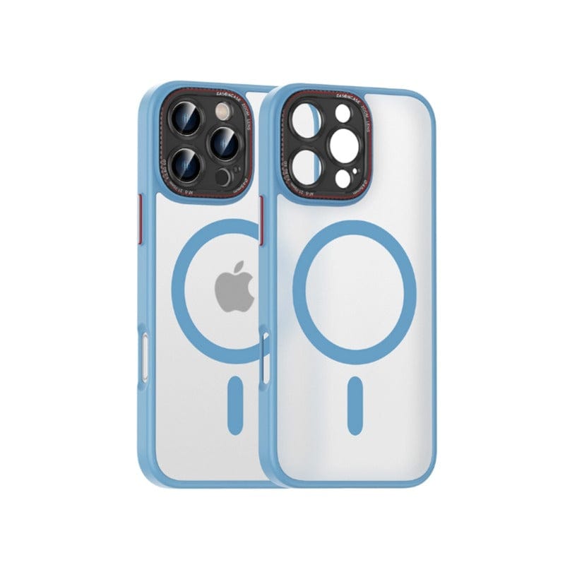 Two MagSafe Compatible iPhone 16 Pro Max Cases with blue edges, crafted from TPU+PC material with a matte finish, featuring metal camera rings and buttons, along with shockproof and anti-fingerprint properties.