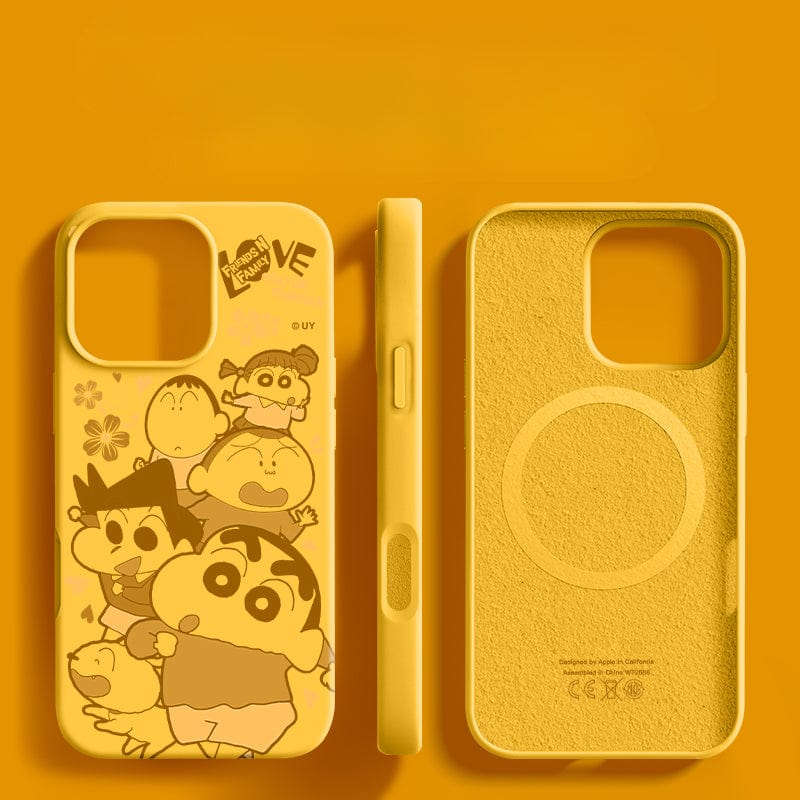 Product Description: The iPhone 16 Pro Max Crayon Shinchan Friends Case in vibrant yellow features Crayon Shinchan characters with front, back, and side views on display. Made from liquid silicone, this case offers shockproof protection, a soft touch feel, and is anti-fingerprint.