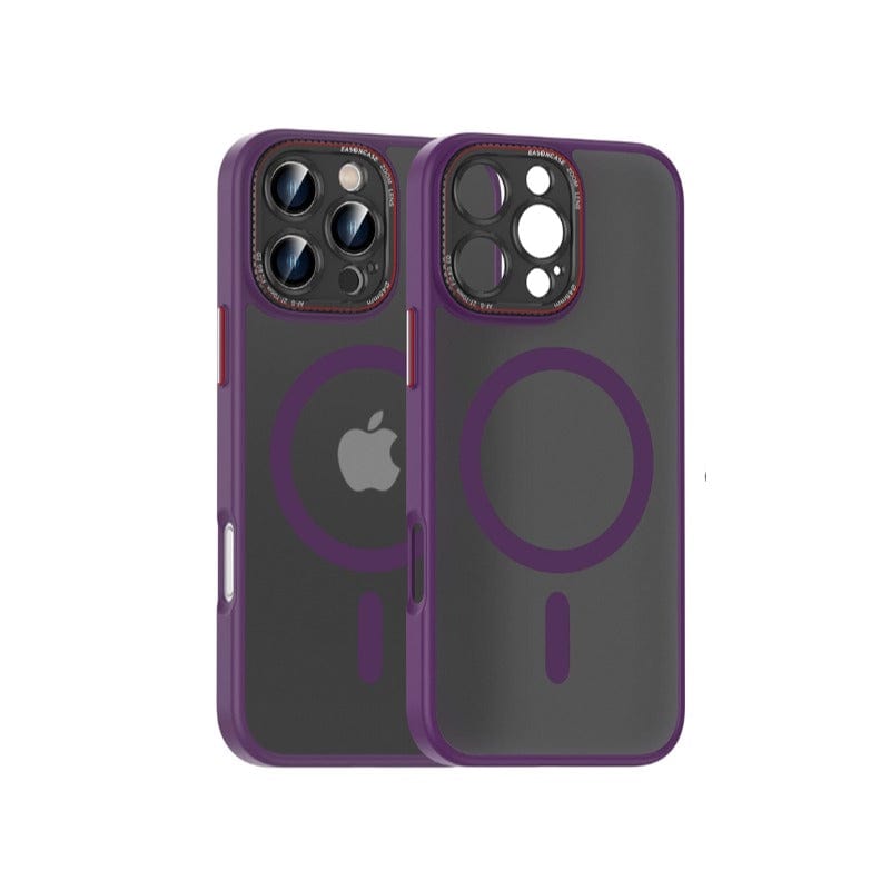 Two MagSafe Compatible iPhone 16 Pro Max cases, featuring a matte black finish with purple edges and a circular design on the back, are displayed front and back. Both cases have precise openings for the camera, buttons, and charging port.