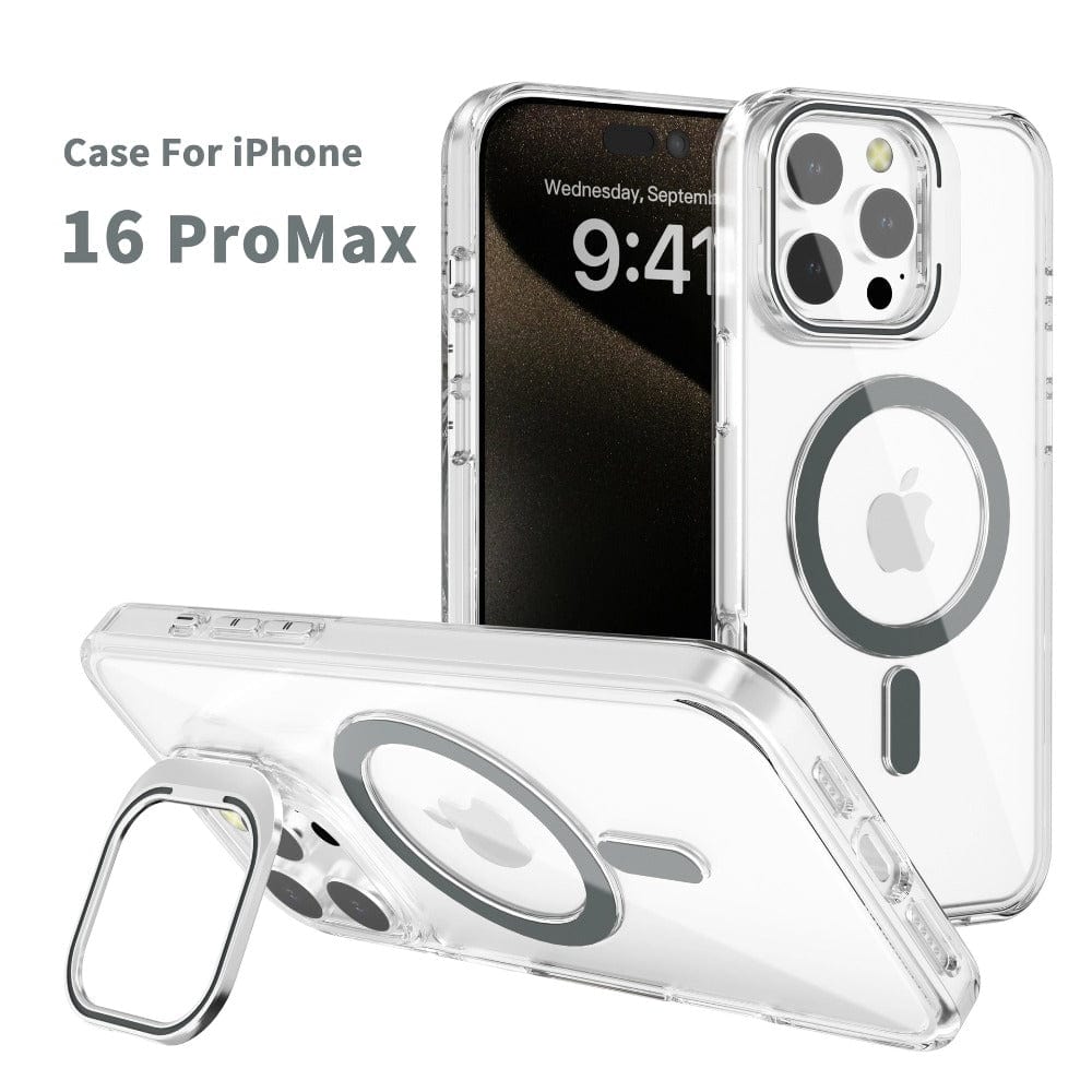 The iPhone 16 Pro Max Clear Case with Kickstand offers a transparent protective cover that showcases the device's back and sides. It features purple accents and a circular design around the Apple logo and camera setup, combining functionality with style. Additionally, this MagSafe-compatible case includes an integrated ring stand for added convenience.