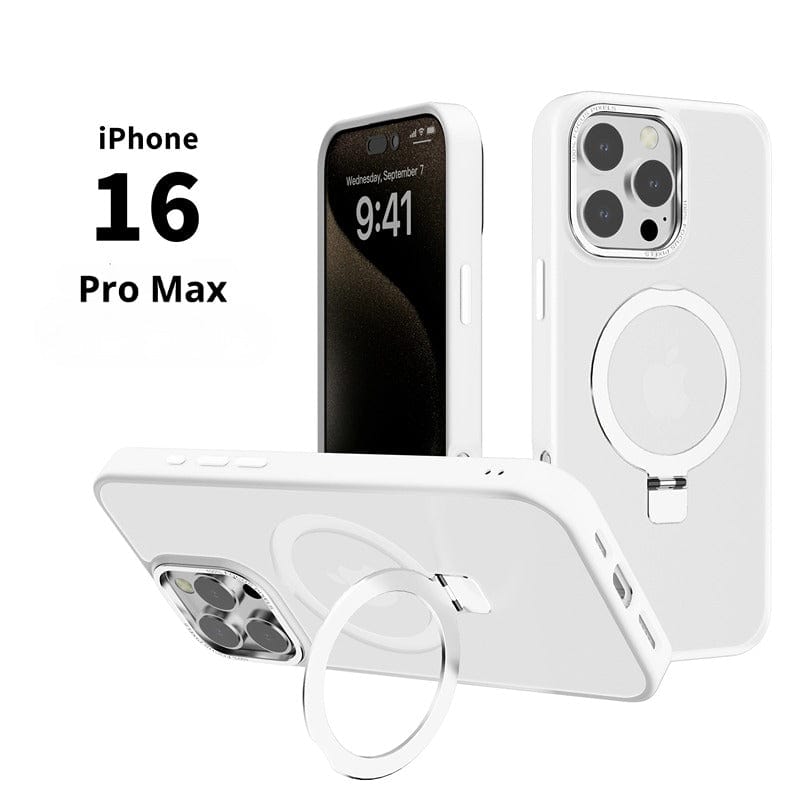 Image of an iPhone 16 Pro Max with a MagSafe iPhone 16 Pro Max Case - Soft-Touch Finish, complete with a clear case and ring stand, shown from different angles. The phone's screen displays the time as 9:41. This sleek case not only protects but also adds a touch of elegance to your device with its TPU+PC material, metal camera frame, and anti-slip design.