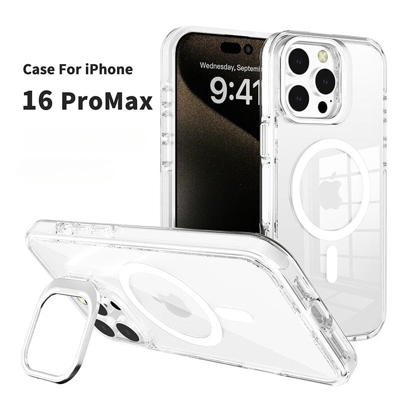 Clear MagSafe iPhone 16 Pro Max case with an acrylic frame stand, featuring TPU and acrylic material and camera protection. The display shows the time 9:41 and date Wednesday, September 21.