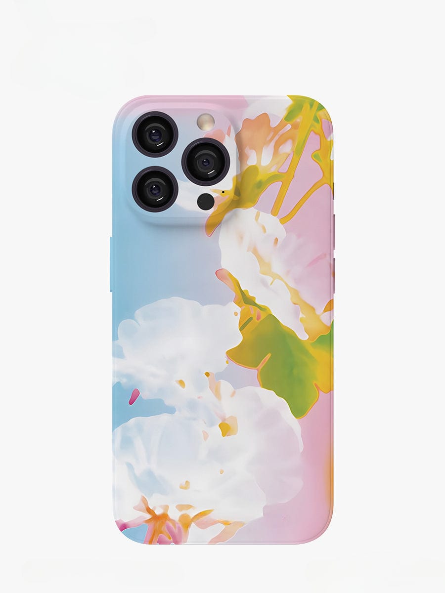 A Pastel Bloom iPhone 16 Pro Max Case, showcasing a soft floral design, elegantly encases an iPhone 16 Pro Max with three rear cameras, set against a pristine white background.