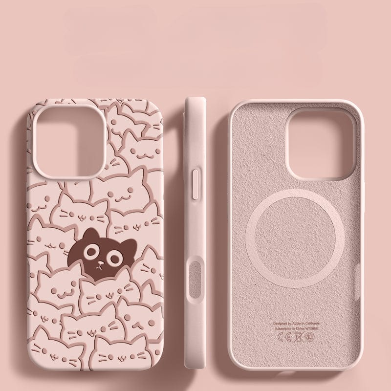 Three iPhone 16 Pro Max Cute Cat Pattern Cases are displayed. Two are shown from the back, and one is shown from the side. The cases feature numerous cat faces, with one case showing a single darker cat amidst the others. They are made of liquid silicone and offer shockproof, anti-dust, and washable protection.