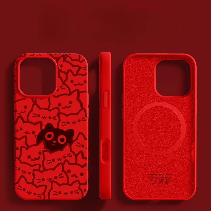 Introducing the iPhone 16 Pro Max Cute Cat Pattern Case, made from premium liquid silicone. This washable, anti-dust case provides triple-layer shockproof protection and features a charming cat-themed design. It is displayed from three perspectives: front, side, and interior.