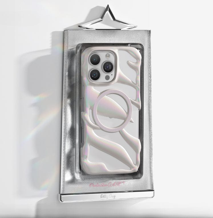 The iPhone 16 Pro Max Liquid Metal Shockproof Case, showcased in clear packaging, features a sculpted design with a star-shaped clasp and holographic reflections. It offers military-grade drop protection to ensure durability while maintaining compatibility with MagSafe charging, thanks to its N52 magnets and raised camera protection.