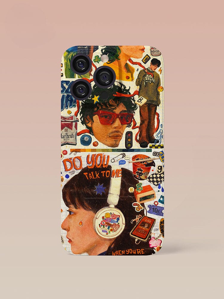 The Retro Collage iPhone 16 Pro Max Case - Artistic and Protective features a vibrant collage of colorful artistic illustrations. The design includes portraits of people listening to music with headphones, decorative icons such as stars and flags, and phrases like "DO YOU TALK TO ME." The background is a soothing gradient of soft pink and cream.