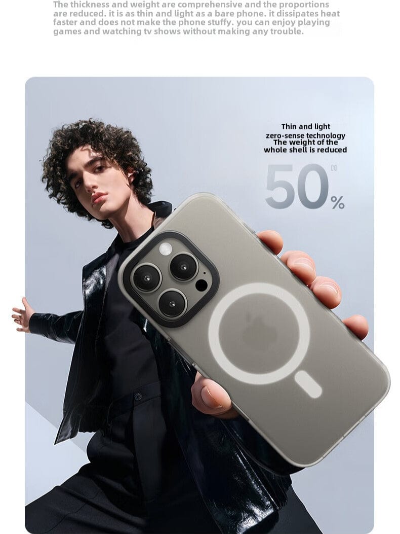 A person in black clothing holds up an iPhone 16 Pro Max encased in the X-002 Hdens Matte Finish Shockproof Cover, which prominently features large camera lenses. Text on the image emphasizes the case's thin and light zero-sense technology, highlighting a 50% weight reduction. The matte finish of the cover adds an elegant touch to its innovative design.