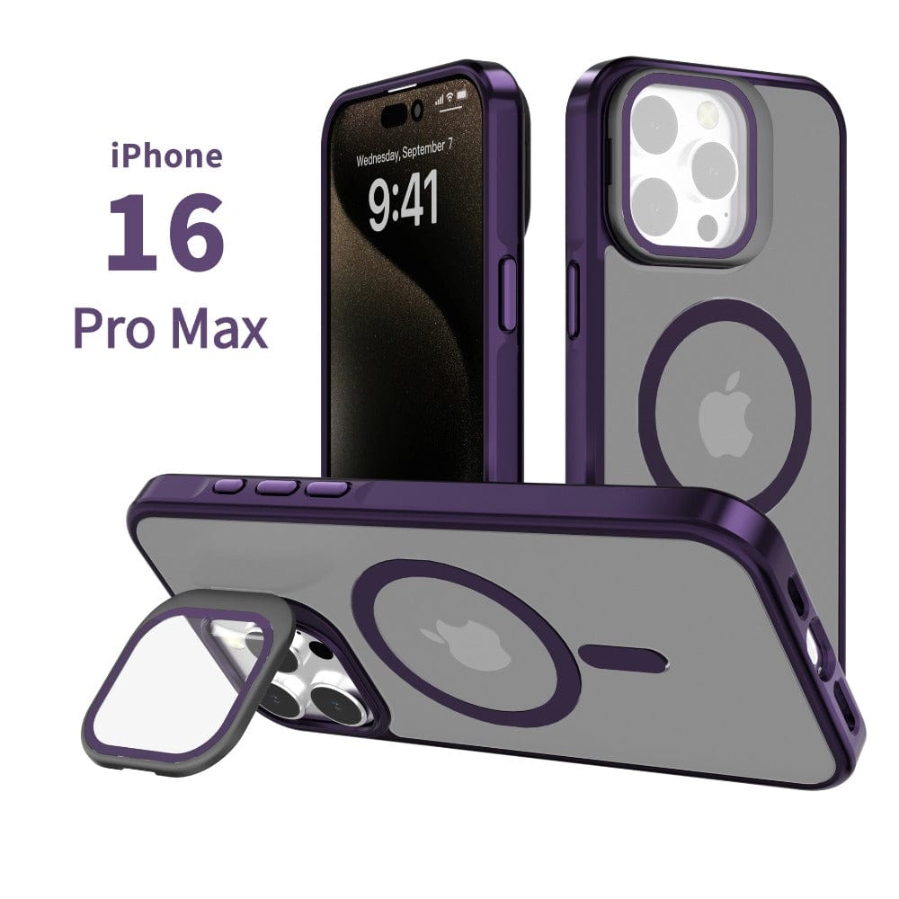 Image of three Silky Touch iPhone 16 Pro Max Cases with Ring Holder showcasing the front, back, and side views. The elegant gray cases with purple accents prominently feature the "iPhone 16 Pro Max" text on the left side.