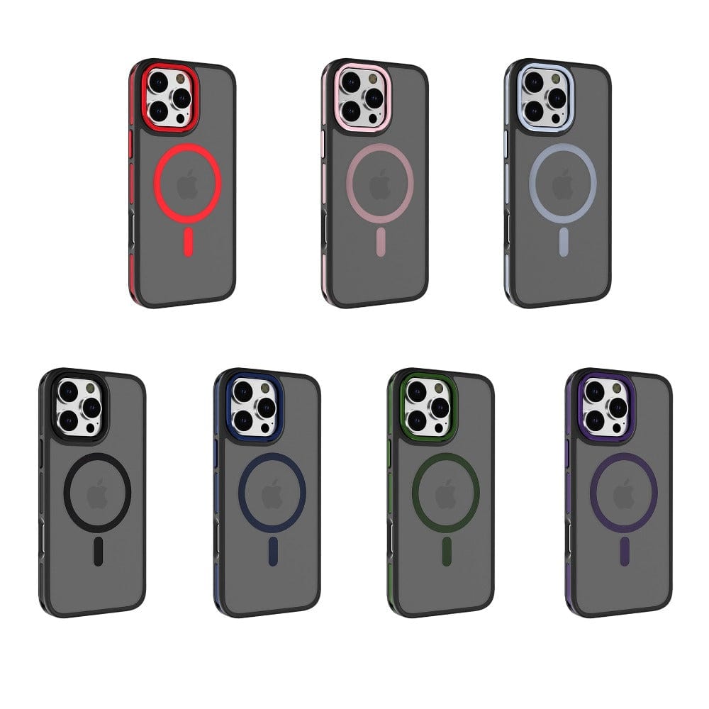 Seven iPhone 16 Pro Max smartphones adorned with Soft-Touch cases featuring circular MagSafe indicators are displayed in a grid, each exhibiting different accent colors: red, pink, purple, black, blue, green, and dark purple.